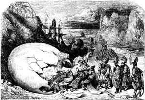 Sindbad the sailor - tale of the thousand and one nights - illustration by Gustave Dore - Maxwell edition 1865 - Fifth voyage: the merchants accompanying Sindbad break the shell of a gigantic egg of the bird giant Roc to extract a huge baby