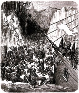 Sindbad the Sailor (Sinbad) - Tale of the Thousand and One (1001) Nights - Illustration by Gustave Dore - Third Voyage: A Tempest Throws the Ship of Sindbad and His Companions on an Island Where They Are Assaulted by a Multitude of Tiny and Hideous Beings by Gustave Dore