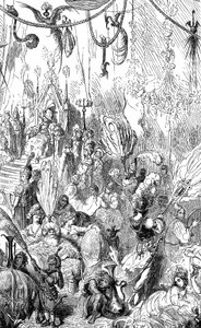Sindbad the Sailor (Sinbad) - Tale of the Thousand and One (1001) Nights - Illustration by Gustave Dore - Maxwell Edition 1865 - Sixth Voyage - This Engraving Can Represent the Court of the King of Serendib or That of the Caliph Haroun al-Rashid (Harun al
