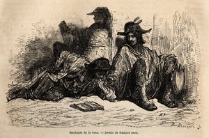 Students of Tuna (or Tunantes) in the District of the University of Alcala de Henares, Sketch by Gustave Dore. Engraving to Illustrate the Voyage by Gustave Dore