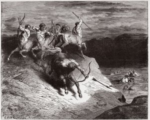 The Divine Comedy, Inferno, Canto 12: The Centaurs Attack the Souls in Boiling Blood - by Dante Alighieri (1265-1321) - Illustration by Gustave Dore (1832-1883) by Gustave Dore