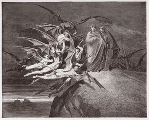 The Divine Comedy, Inferno, Canto 21: The demons threaten Virgil - Illustration by Gustave Dore by Gustave Dore