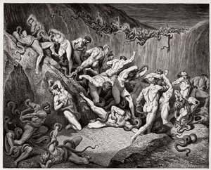 The Divine Comedy, Inferno, Canto 24: The thieves tormented by serpents (Illustration by Gustave Dore) by Gustave Dore
