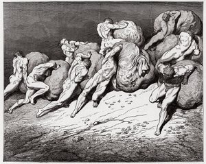 The Divine Comedy, Inferno, Canto 7: The souls of the avaricious and the prodigal forced to roll heavy stones - Illustration by Gustave Dore by Gustave Dore