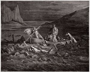 The Divine Comedy, Inferno, Canto 8: Phlegyas ferries Dante and Virgil across the Styx - Illustration by Gustave Dore