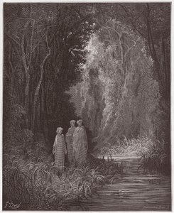 The Divine Comedy, Purgatorio, Canto 28: Dante, Virgil, and Statius in the ancient forest of the terrestrial paradise - by Dante Alighieri (1265-1321) - Illustration by Gustave Dore (1832-1883) by Gustave Dore
