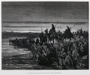 The Hebrew tribes enter Canaan over the Jordan River, Illustration from the Dore Bible by Gustave Dore