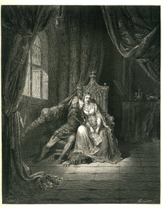 The Hell of Dante Alighieri (the Divine Comedy) illustrated by Gustave Dore. French edition of 1861. Francesca da Rimini and her lover: "Quel giorno piu non vi leggemo avante. (This day we do not read further)", chant 5. v. 138