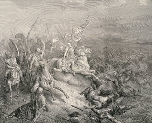The Holy Bible. 1866. The angel of the Maccabees. Engraving by Gustave Dore