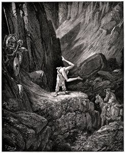 The Ingenious Hidalgo Don Quixote de la Mancha (Quixote - Quijote) by Miguel de Cervantes (1547-1616): the knight of the sad figure made cabrioles “putting naked certain things that Sancho, in order not to see them, hastened to turn around, satisfied to se by Gustave Dore