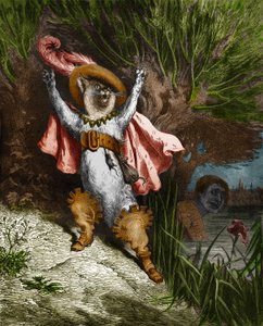 The boot cat calls for help. Engraving by Gustave Dore from The Tales by Charles Perrault