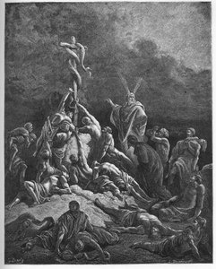 The brazen snake - Moses and the brazen serpent (engraving) by Gustave Dore