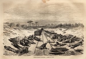 The hour of rest in Argamasilla, the many railway workers lying on the track, rest in full sun. Engraving to illustrate the voyage to Spain by Gustave Dore illustrator and Baron Ch. Davillier reactor, in 1862, published in Le tour du monde, nouveau journal