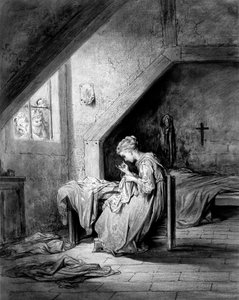 The Song of the Shirt by Thomas Hood ed. Moxon - A poor seamstress sewing a shirt in a bedroom, a crucifix hangs over the bed. Illustration by Gustave Dore around 1870 - A sketch of this engraving exists at the Musee d