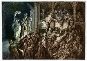 Theatre: the audience during a theatrical performance. Colorful engraving from "London, a Pilgrimage" illustrated by Gustave Doré by Gustave Dore