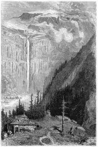 Waterfall of Cirque de Gavarnie Seen from the Inn: Engraving by Gustave Dore Illustrating the Book 