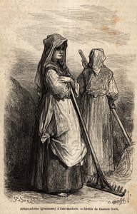 The gleaners of Estremadure, with their large wooden rakes to pick up the part of the crop that was forgotten in the fields after the harvest. Engraving to illustrate the voyage to Spain by Gustave Dore (1832-1883) illustrator and Baron Ch. Davillier by Gustave Dore