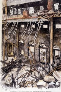 Firefighters working in the ruins of the room of the opera comique de Paris following the fire, by Fraipont