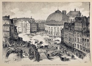 The New Rue du Louvre and the Halle au Ble in Paris in 1887. Illustration by Gustave Fraipont (1849 - 1923). Engraving from 1887 in 