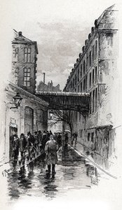 View of a Flophouse in Rue de la Bucherie in the Maubert District, Paris. Drawing by Gustave Fraipont from 