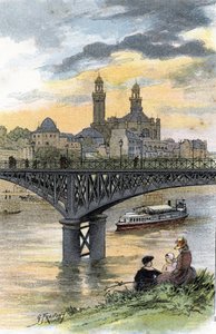 View of the footbridge of Passy (now bridge of Bir Hakeim) in Paris