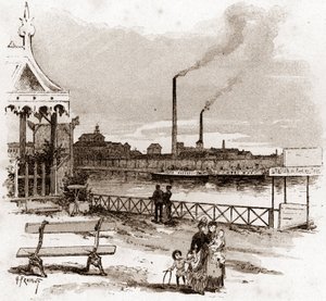 View of the quai de Javel in Paris, actuel quai André-Citroen. Drawing by Gustave Fraipont from 