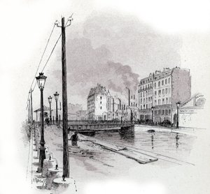 View of the swinging bridge of Quai de Valmy on the Canal Saint Martin, Paris