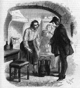 The poet Francois Villon (1431-1463) retracing a bottle of wine. Engraving by Gustave Janet