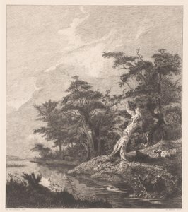 River Landscape with Resting Shepherd by a Tree Stump