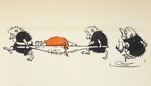 Illustration of two hedgehogs carrying an injured croquet player being followed by another weeping hedgehog