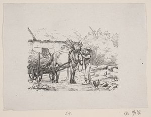 A Boy Decorates a Horse Harness with Green Branches