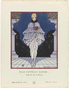 Gazette du Bon Ton, 1914 - No. 5, Pl. 45: She is Called Manon / Evening Cape by Doucet by H. Robert Dammy