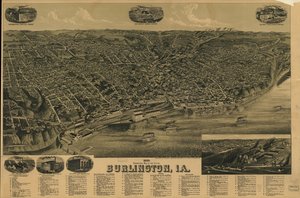 1889 perspective map of the city of Burlington, Iowa