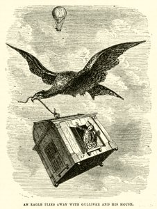 An eagle flies away with Gulliver and his house by after Hablot Knight Browne