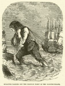 Gulliver carries off the hostile fleet of the Blefuscudians (engraving)