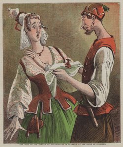 The wife of the farmer of Brobdingnag is alarmed at the sight of Gulliver