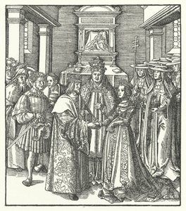 Pope Nicholas V presiding over the marriage of the Holy Roman Emperor Frederick III and Eleanor of Portugal in Rome by Hans (after) Burgkmair