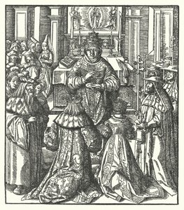 The Holy Roman Emperor Frederick III and the Empress Eleanor receiving Holy Communion from the Pope by Hans (after) Burgkmair