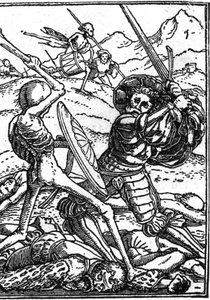 The Mock Death of Hans Holbein the Younger (1497-1543): The Soldier. A soldier fights Death; at their feet lie the bodies of other warriors. Engraving by Hans (after) Holbein the Younger