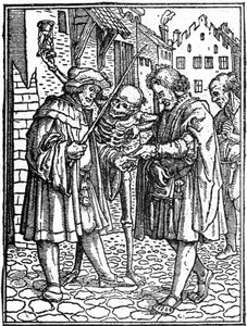 The mock death of Hans Holbein the Younger (1497-1543): the lawyer (engraving)