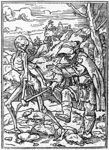 The simulacra of the death of Hans Holbein the Younger: the blind. Death grabs the stick of the blind and acts as a guide. Engraving. by Hans (after) Holbein the Younger