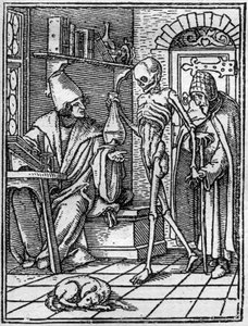 The Simulacra of the Death of Hans Holbein the Younger (1497-1543): The Doctor. Death comes between the doctor and his patient. Engraving by Hans (after) Holbein the Younger