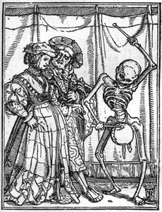 The Simulacra of Death by Hans Holbein the Younger: The Husbands. Death plays the drum in front of a couple. Engraving. by Hans (after) Holbein the Younger
