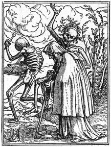 The Simulacra of Death by Hans Holbein the Younger: The Old. Death accompanies an old lady to her destiny. Engraving. by Hans (after) Holbein the Younger