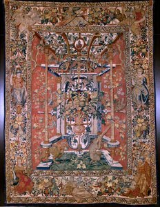 Flemish tapestry. Series grotesques with apes: Apes shooting with an arquebus. Cartoonist Hans Vredeman de Vries (?). Atelier Seger Bombeck, Brussels. 1542-1560.