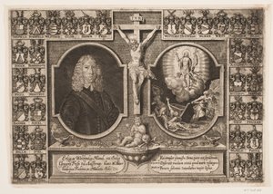 Gregers Friis at Ålstrup with Christ on the Cross and the Resurrection of Christ, Surrounded by Ancestral Shields