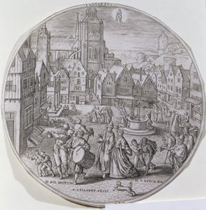 January, showing burghers celebrating Twelfth Night in the market square of Bergen, from a set of twelve 