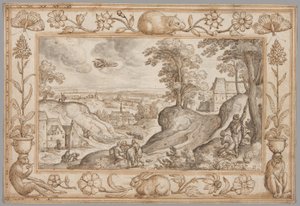Landscape with the Sacrifice of Isaac within a Decorative Border of Plants and Animals by Hans Bol