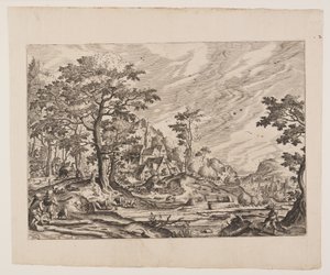 View of a Village, a Man Carrying a Wheelbarrow, plate 8 from Landscapes with Views of Villages
