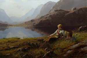Girl Knitting by the Mountain Lake by Hans Dahl